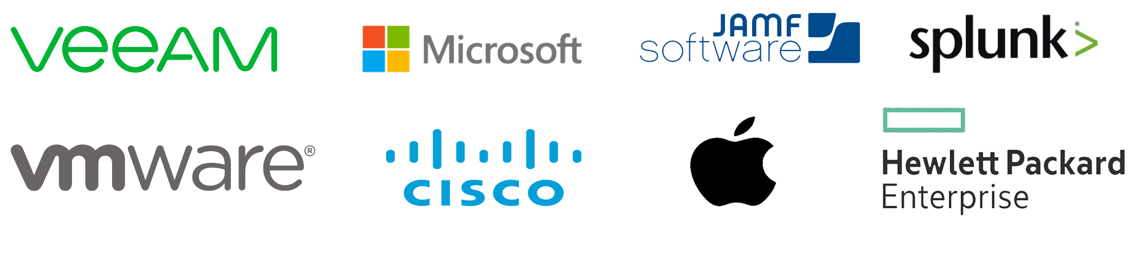 Company logos of Apple, Microsoft, Splunk, VMware, Veeam, Hewlett-Packard Enterprise, Jamf Software and Cisco